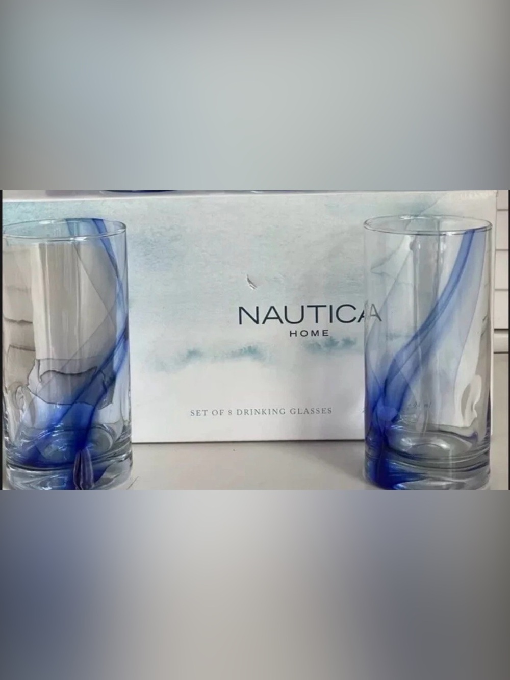Nautica Clear 8-Glasses with Blue Swirl Vein  Accents 16oz